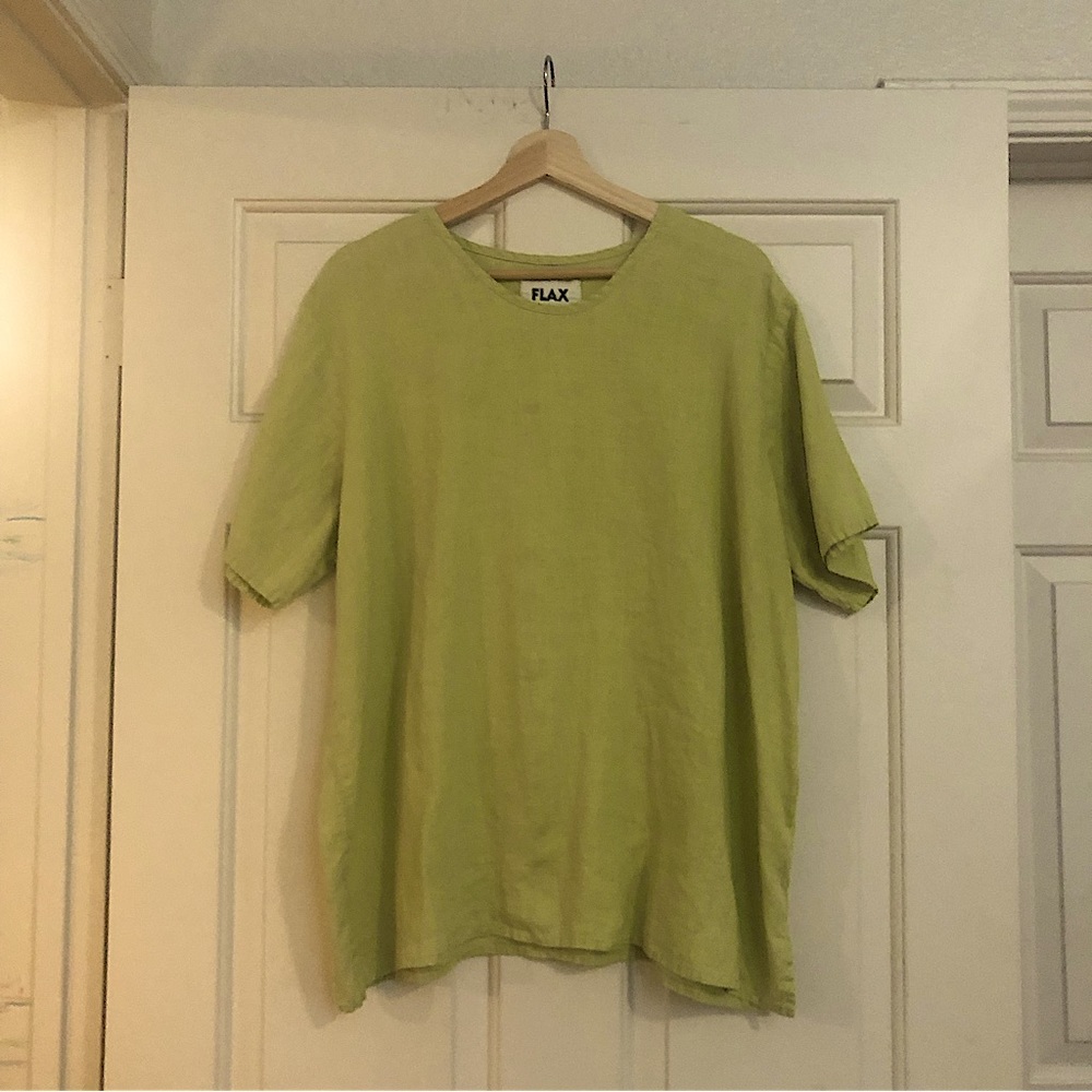 Flax 100% linen short sleeve top sz L pale green Lagenlook